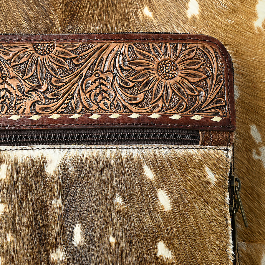 American Darling Western Leather Travel Case with Hair-On Cowhide, Hand-Tooled Accents, Genuine Leather Build, Rolling Wheels & Organized Interior