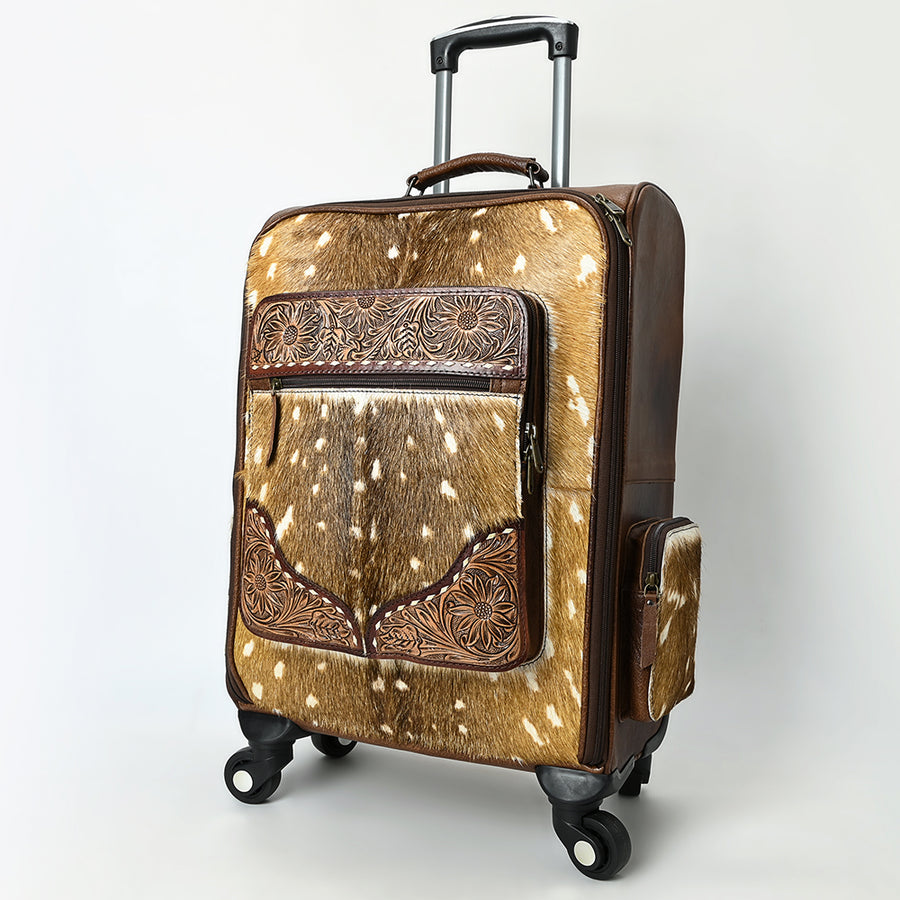 American Darling Western Leather Travel Case with Hair-On Cowhide, Hand-Tooled Accents, Genuine Leather Build, Rolling Wheels & Organized Interior