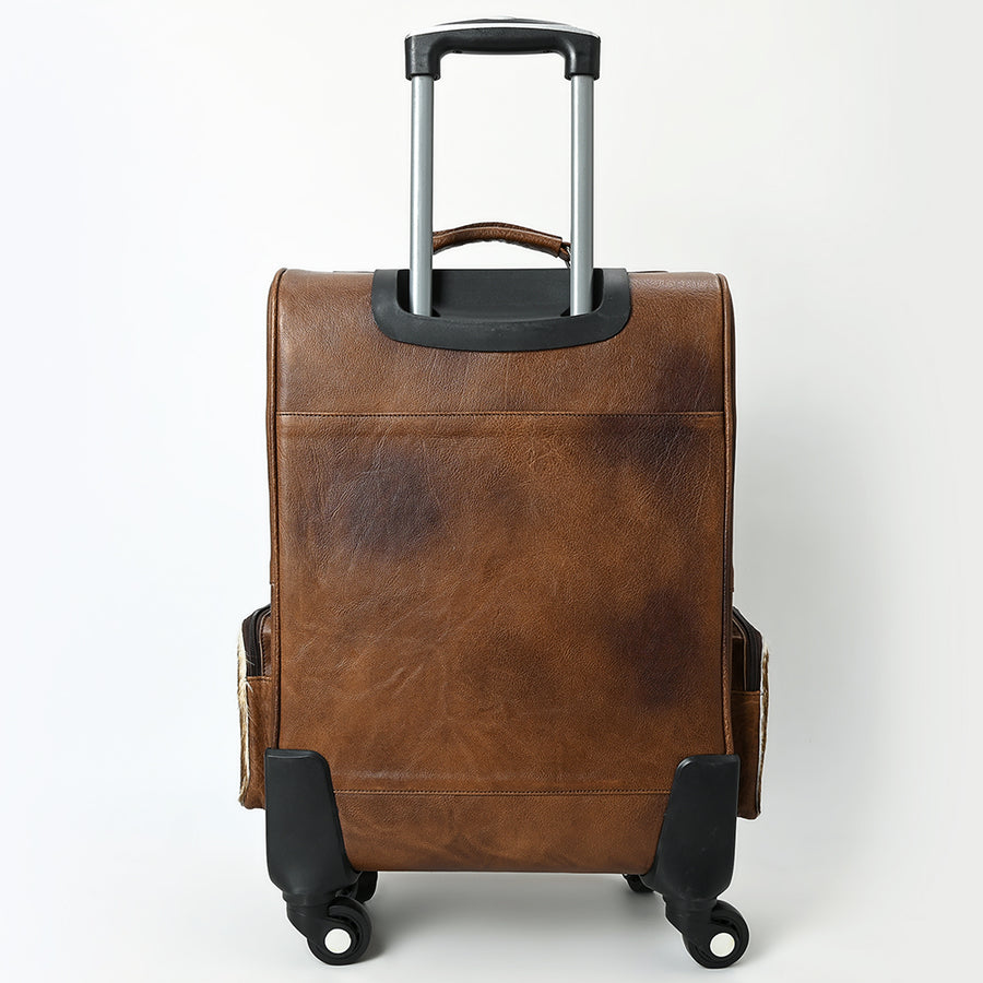 American Darling Western Leather Travel Case with Hair-On Cowhide, Hand-Tooled Accents, Genuine Leather Build, Rolling Wheels & Organized Interior