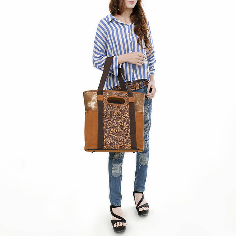 American Darling Tote Hand Tooled Hair On Genuine Leather Western Women Bag Handbag Purse | for Laptop