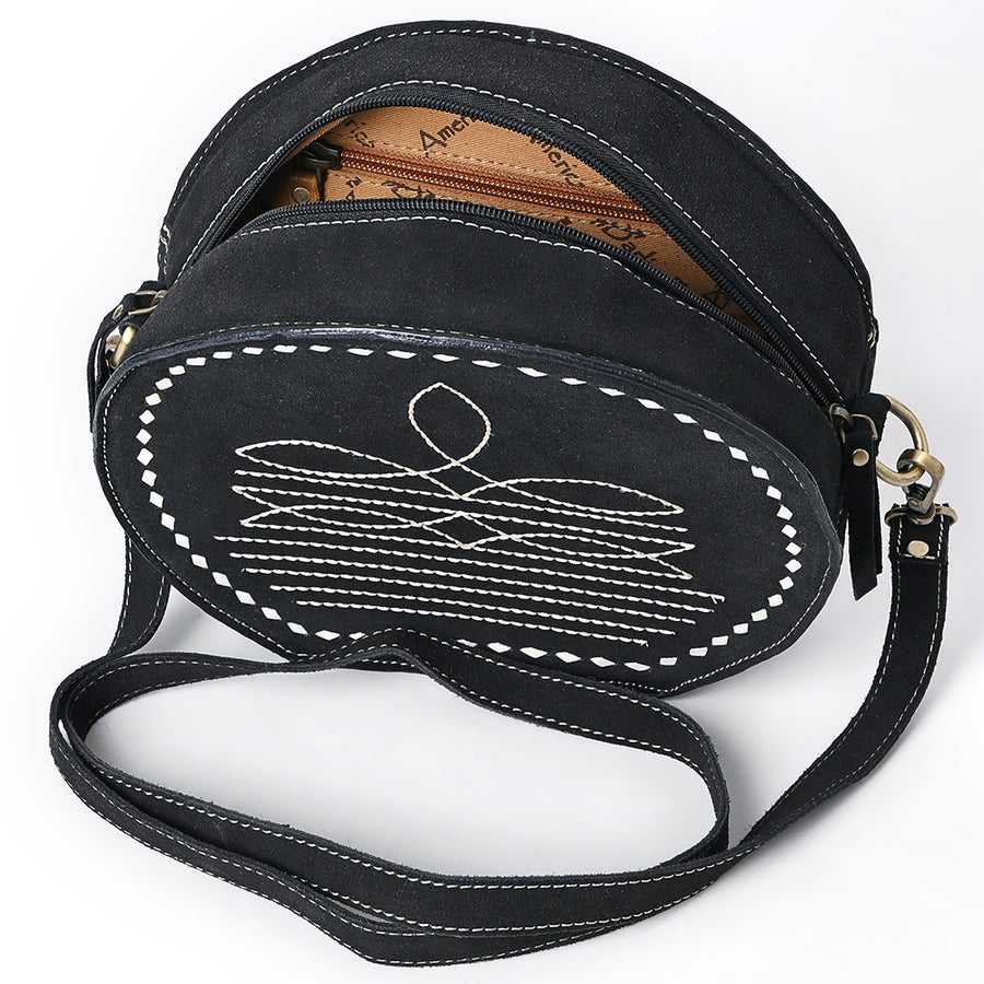 American Darling Genuine Suede Leather Canteen Bag Boot Stitched Embroidery Western Crossbody Round Purse