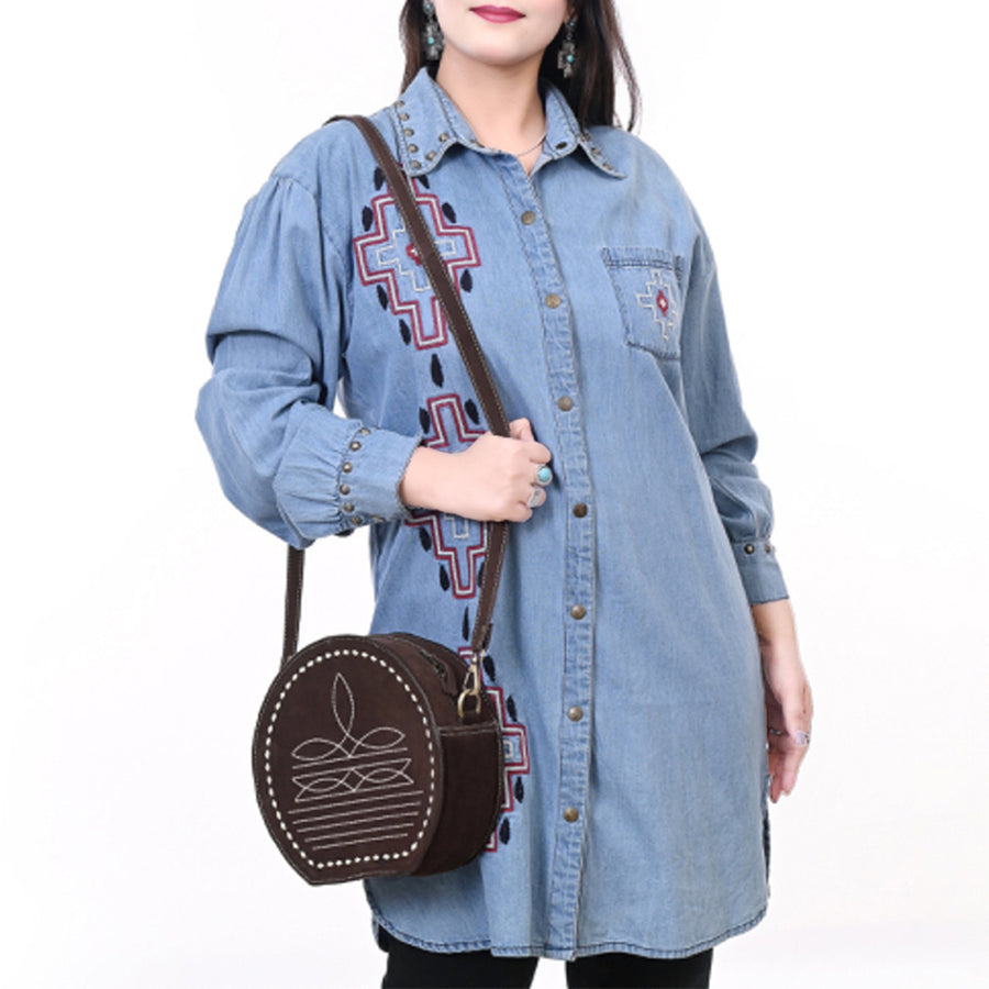 American Darling Genuine Suede Leather Canteen Bag Boot Stitched Embroidery Western Crossbody Round Purse