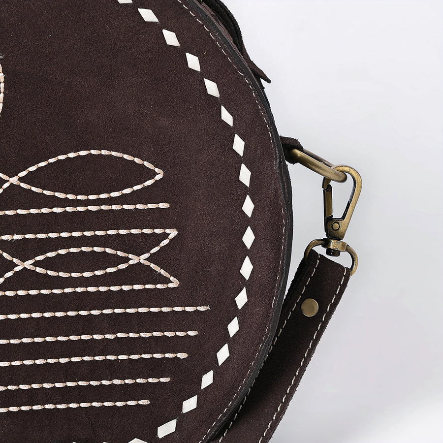 American Darling Genuine Suede Leather Canteen Bag Boot Stitched Embroidery Western Crossbody Round Purse