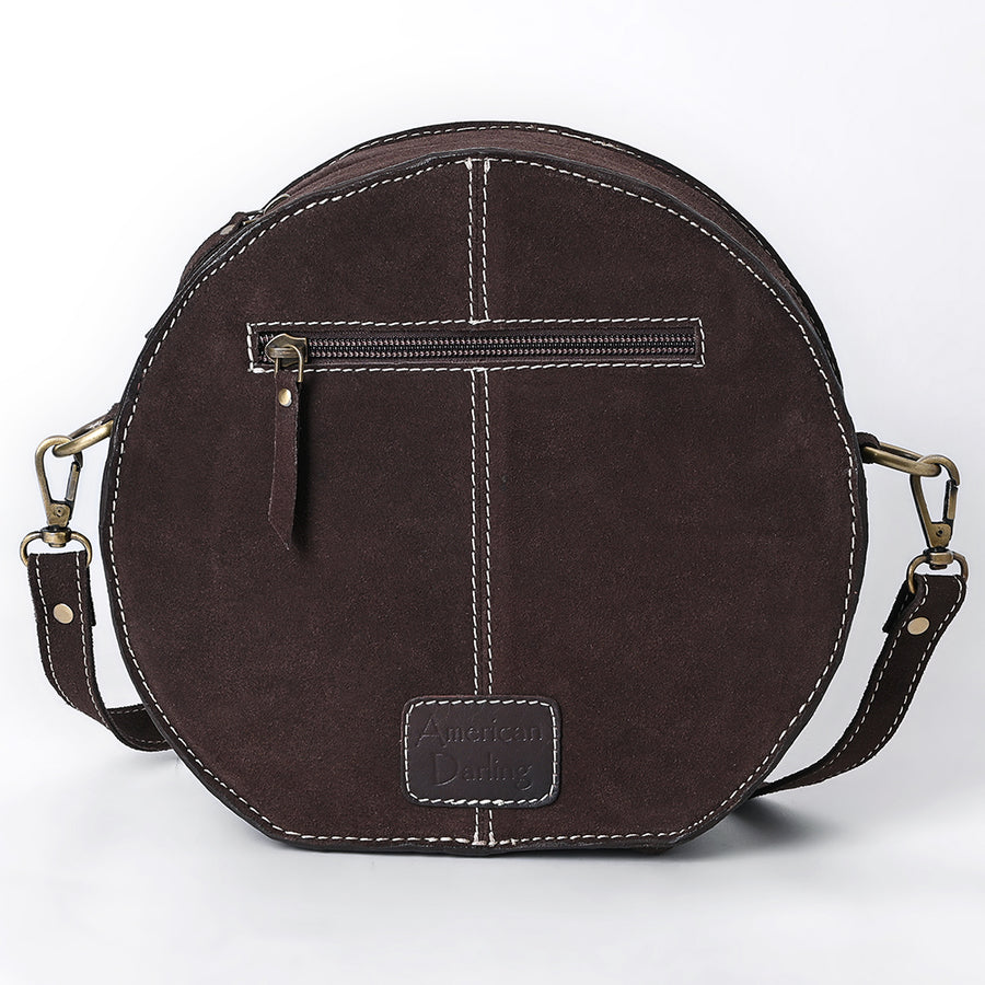 American Darling Genuine Suede Leather Canteen Bag Boot Stitched Embroidery Western Crossbody Round Purse