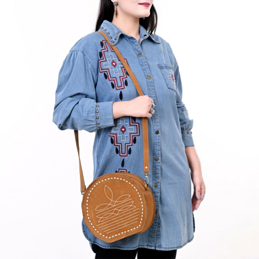 American Darling Genuine Suede Leather Canteen Bag Boot Stitched Embroidery Western Crossbody Round Purse