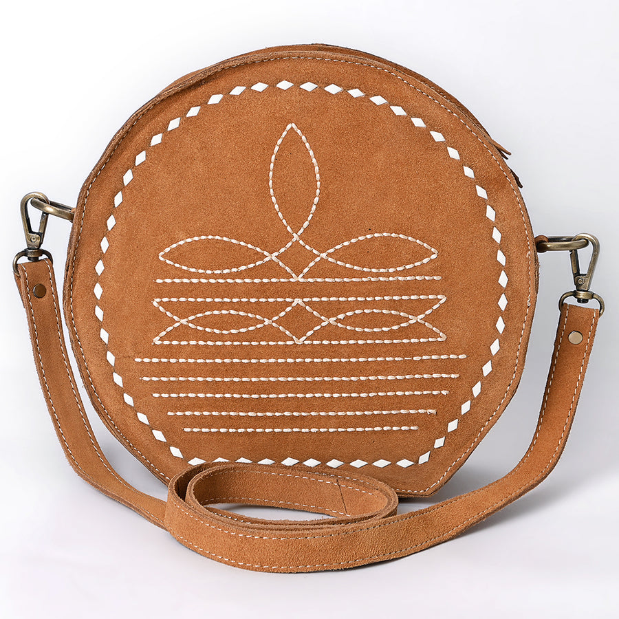 American Darling Genuine Suede Leather Canteen Bag Boot Stitched Embroidery Western Crossbody Round Purse