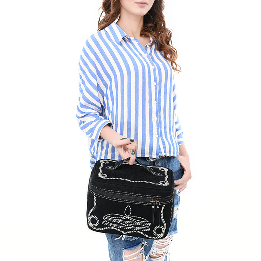 American Darling Genuine Suede Leather Jewelry Case Boot Stitched Embroidery Vegetable-Tanned Western Travel Organizer