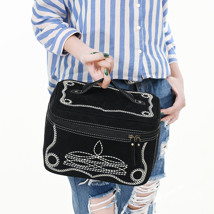 American Darling Genuine Suede Leather Jewelry Case Boot Stitched Embroidery Vegetable-Tanned Western Travel Organizer