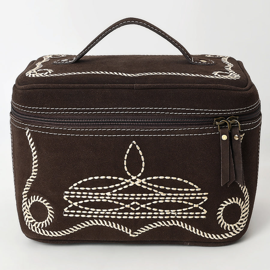 American Darling Genuine Suede Leather Jewelry Case Boot Stitched Embroidery Vegetable-Tanned Western Travel Organizer