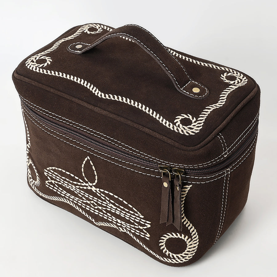 American Darling Genuine Suede Leather Jewelry Case Boot Stitched Embroidery Vegetable-Tanned Western Travel Organizer