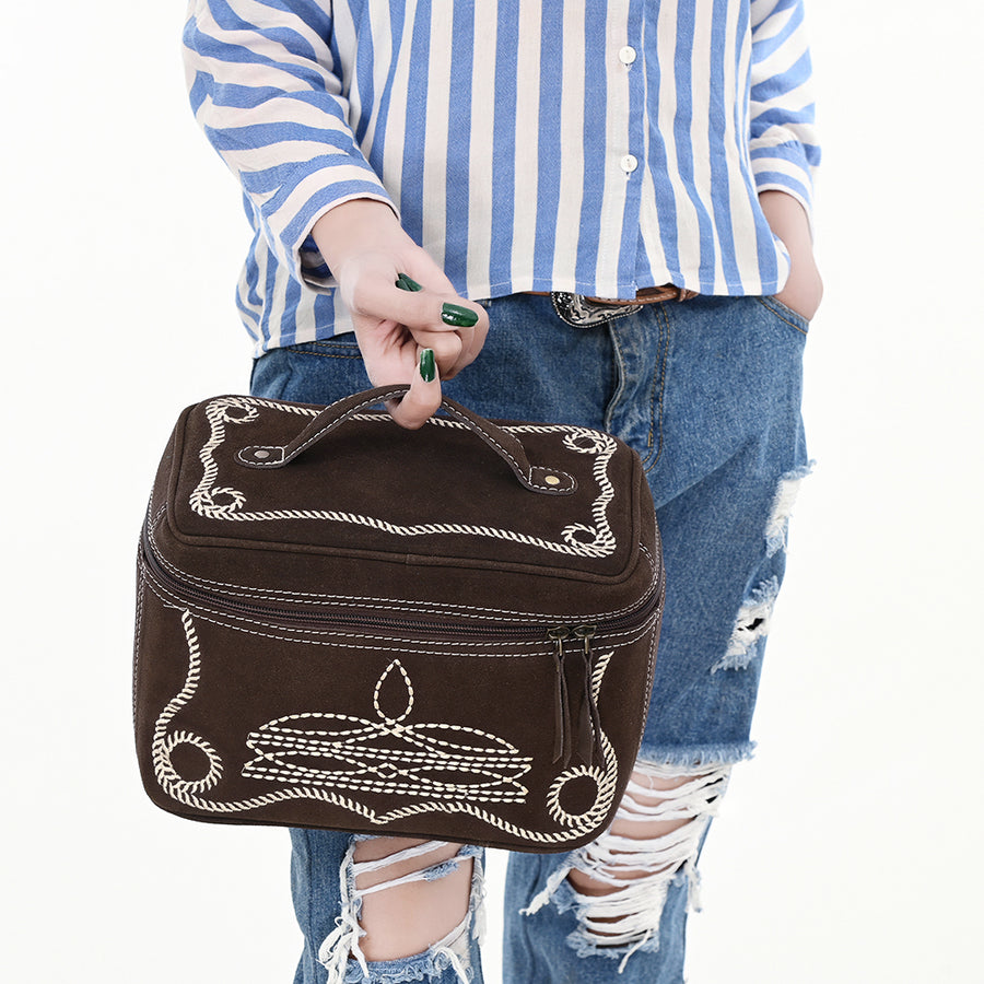 American Darling Genuine Suede Leather Jewelry Case Boot Stitched Embroidery Vegetable-Tanned Western Travel Organizer