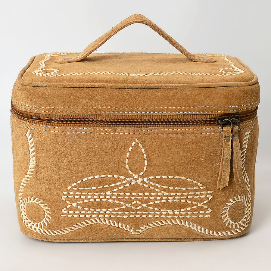 American Darling Genuine Suede Leather Jewelry Case Boot Stitched Embroidery Vegetable-Tanned Western Travel Organizer