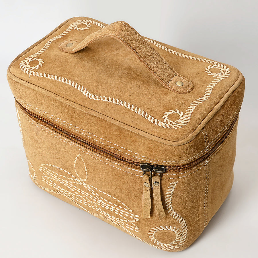 American Darling Genuine Suede Leather Jewelry Case Boot Stitched Embroidery Vegetable-Tanned Western Travel Organizer