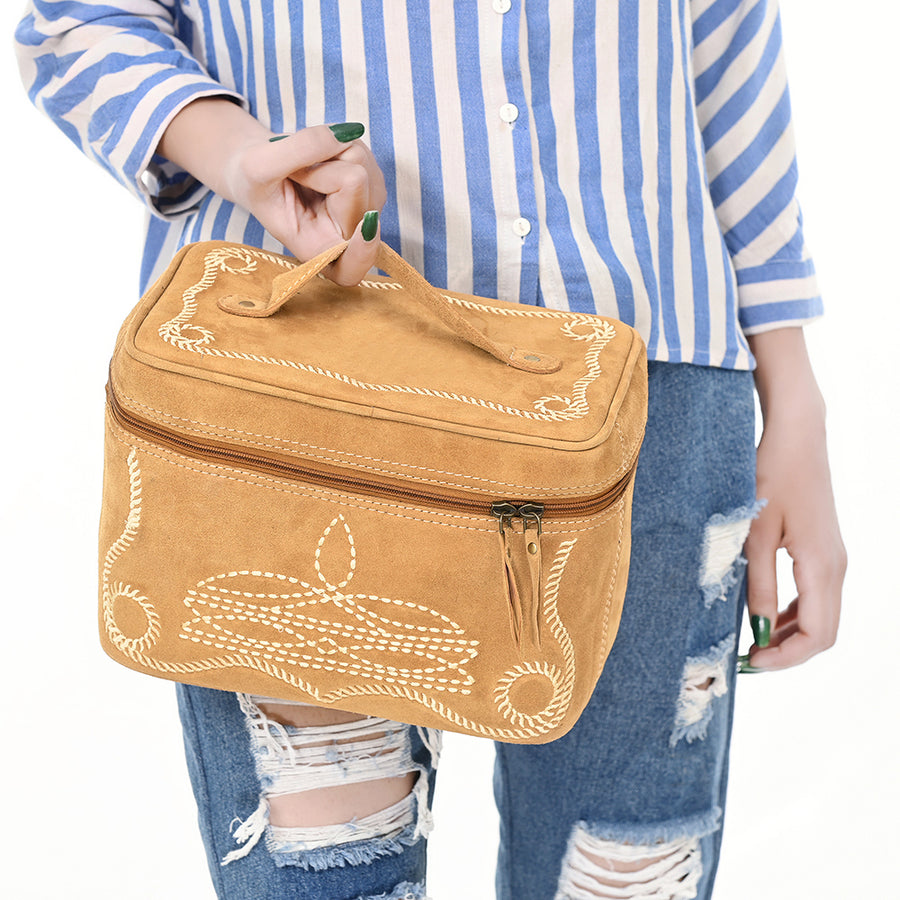 American Darling Genuine Suede Leather Jewelry Case Boot Stitched Embroidery Vegetable-Tanned Western Travel Organizer