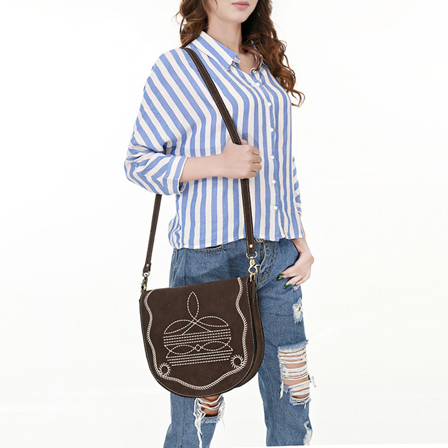 American Darling Suede Genuine Leather Cross body Bag Boot Stitched Embroidery Vegetable-Tanned Western Purse