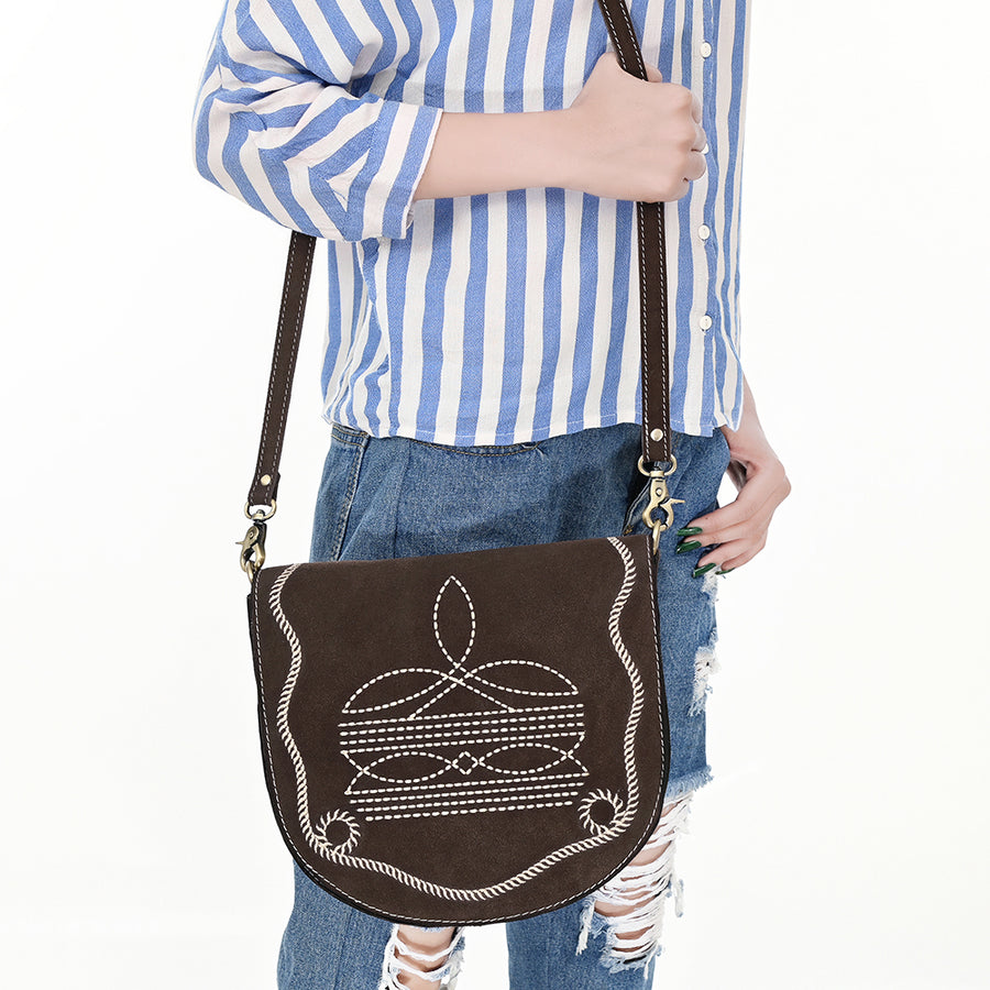American Darling Suede Genuine Leather Cross body Bag Boot Stitched Embroidery Vegetable-Tanned Western Purse