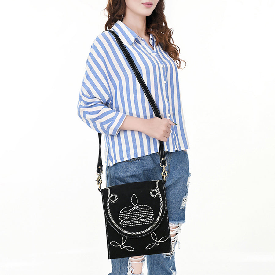 American Darling Suede Genuine Leather Cross body Bag Boot Stitched Embroidery Vegetable-Tanned Western Purse