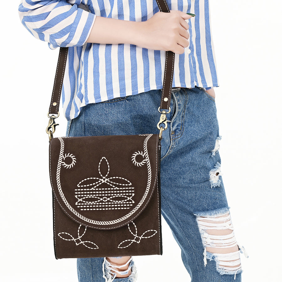 American Darling Suede Genuine Leather Cross body Bag Boot Stitched Embroidery Vegetable-Tanned Western Purse