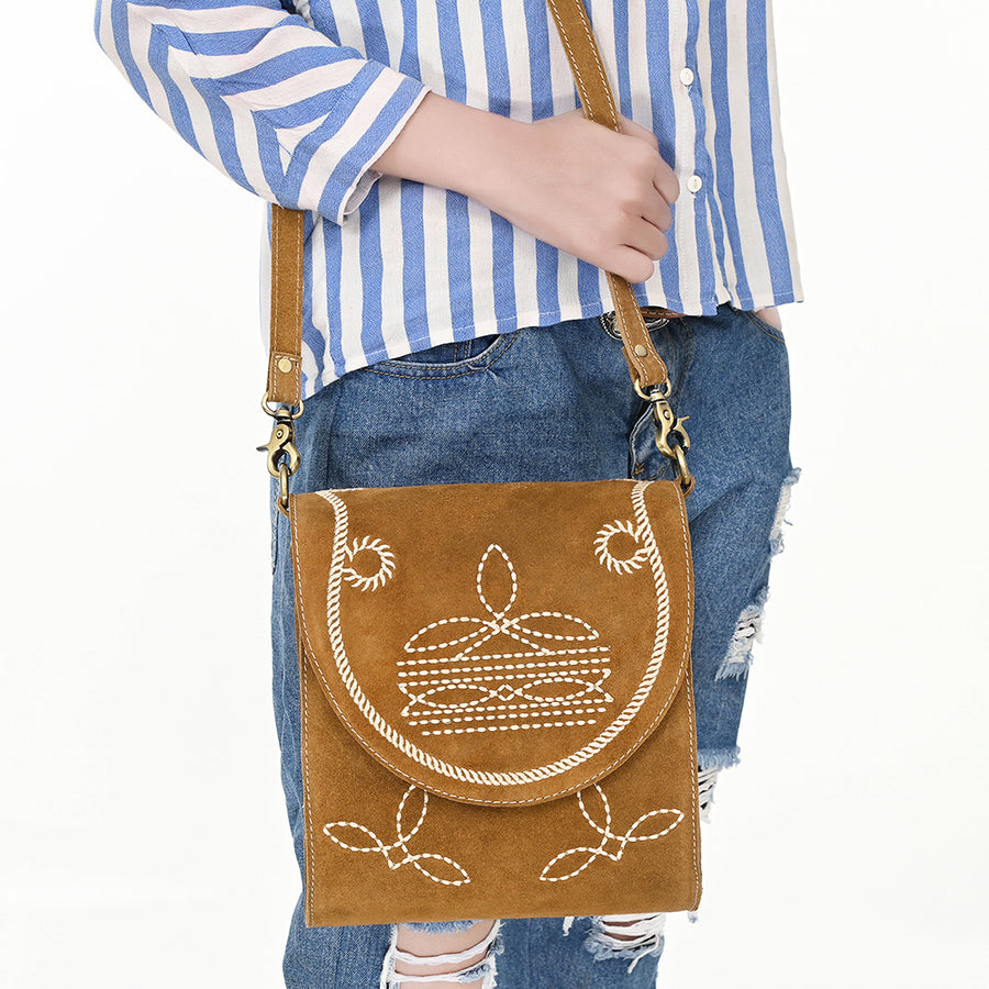 American Darling Suede Genuine Leather Cross body Bag Boot Stitched Embroidery Vegetable-Tanned Western Purse