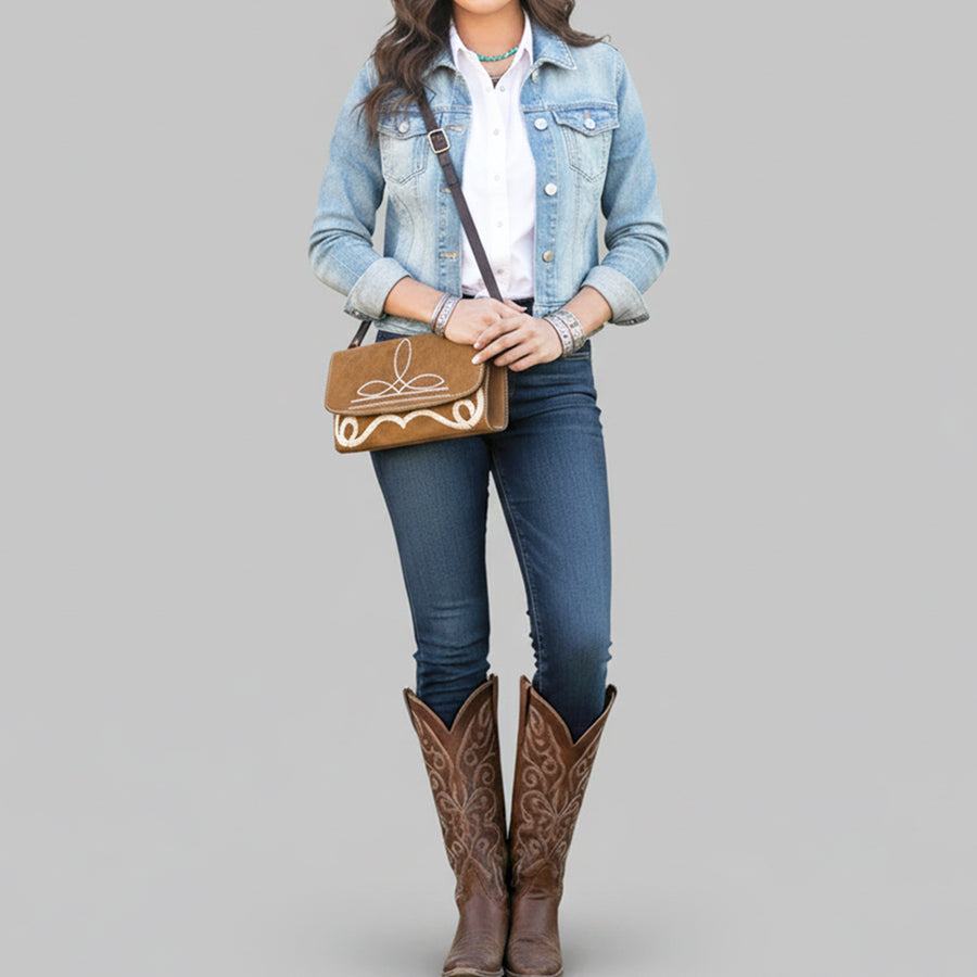 American Darling Suede Genuine Leather Small Cross body Bag Boot Stitched Embroidery Vegetable-Tanned Western Purse