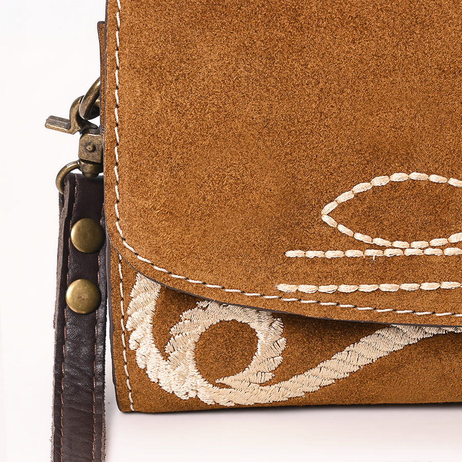 American Darling Suede Genuine Leather Small Cross body Bag Boot Stitched Embroidery Vegetable-Tanned Western Purse