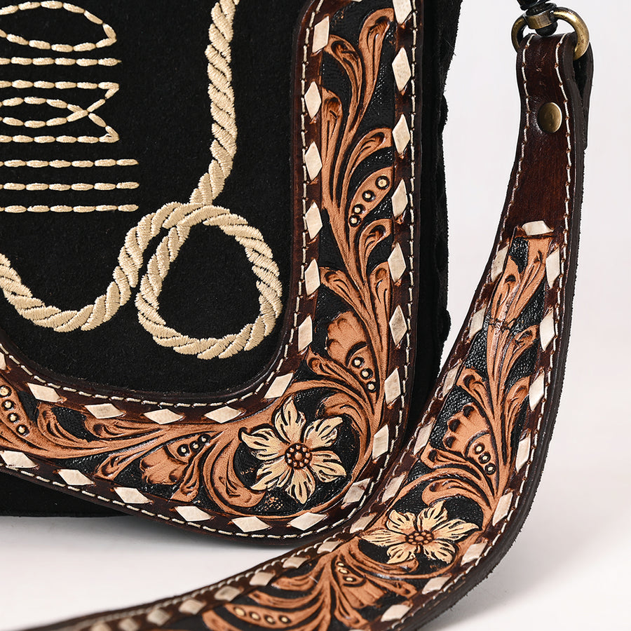 American Darling Suede Genuine Leather Cross body Bag Hand Tooled Floral Carved Strap Boot Stitched Embroidery Western Purse