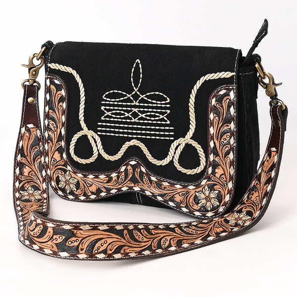 American Darling Boot Stitched Suede Leather Hand Tooled Cross body Bag - Uhorse