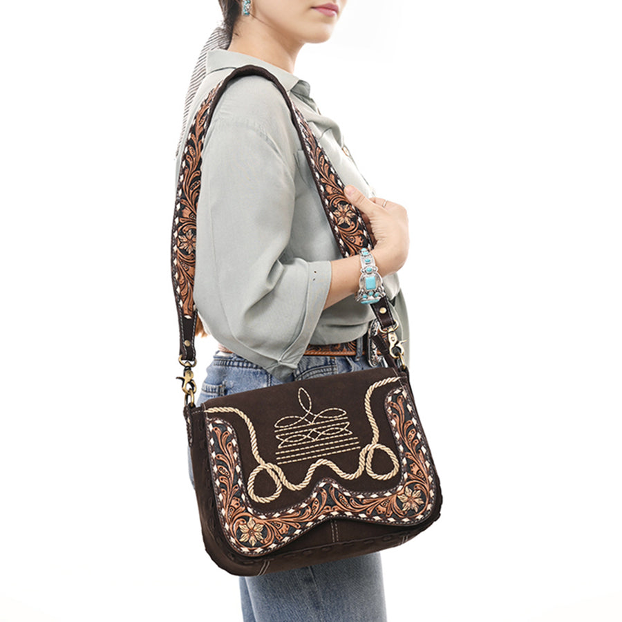 American Darling Suede Genuine Leather Cross body Bag Hand Tooled Floral Carved Strap Boot Stitched Embroidery Western Purse