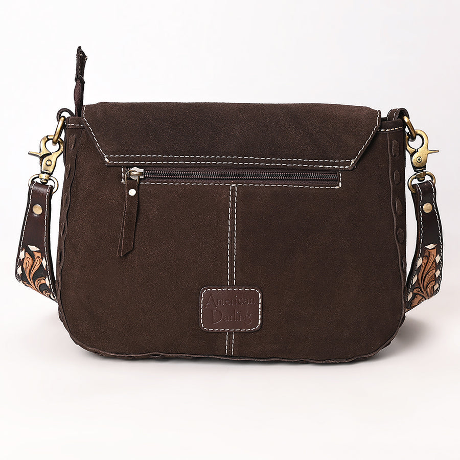 American Darling Suede Genuine Leather Cross body Bag Hand Tooled Floral Carved Strap Boot Stitched Embroidery Western Purse