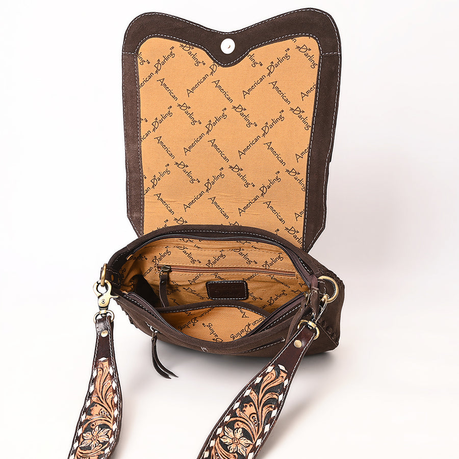 American Darling Suede Genuine Leather Cross body Bag Hand Tooled Floral Carved Strap Boot Stitched Embroidery Western Purse