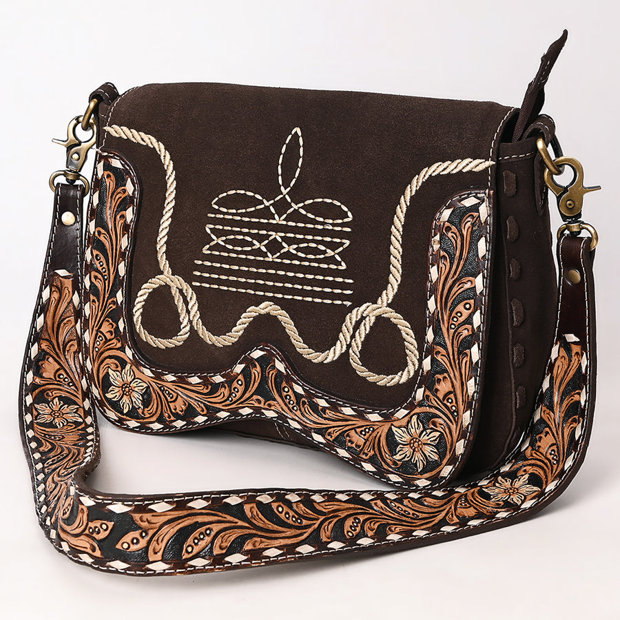 American Darling Boot Stitched Suede Leather Hand Tooled Cross body Bag - Uhorse