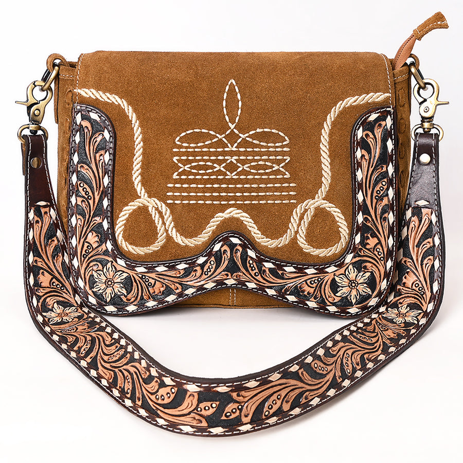 American Darling Suede Genuine Leather Cross body Bag Hand Tooled Floral Carved Strap Boot Stitched Embroidery Western Purse