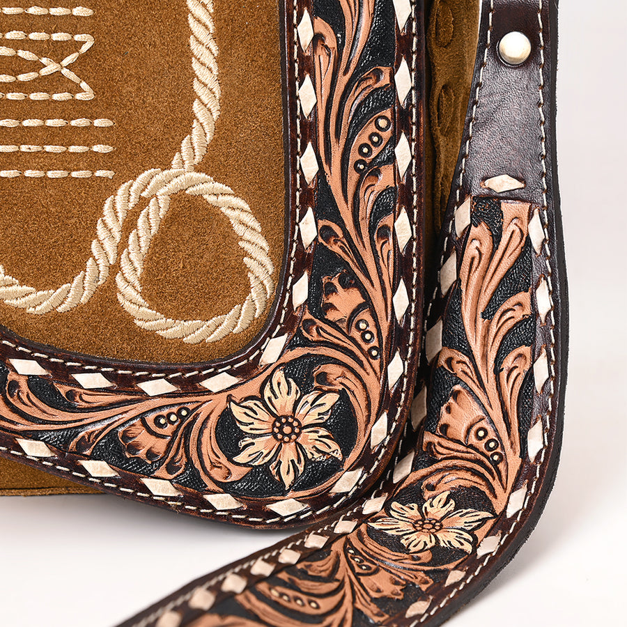 American Darling Suede Genuine Leather Cross body Bag Hand Tooled Floral Carved Strap Boot Stitched Embroidery Western Purse