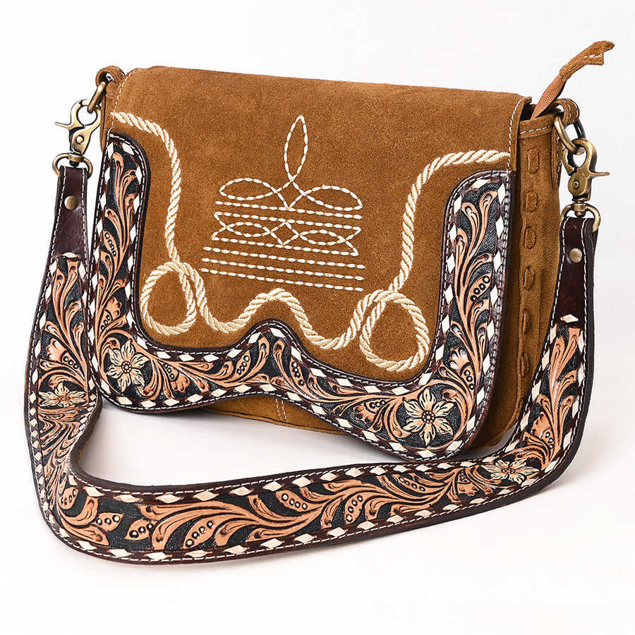 American Darling Boot Stitched Suede Leather Hand Tooled Cross body Bag - Uhorse