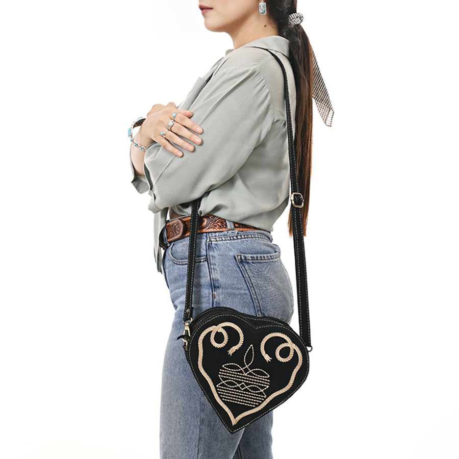 American Darling Western Heart Shaped Suede Leather Canteen Bag, Boot Stitched Crossbody Purse