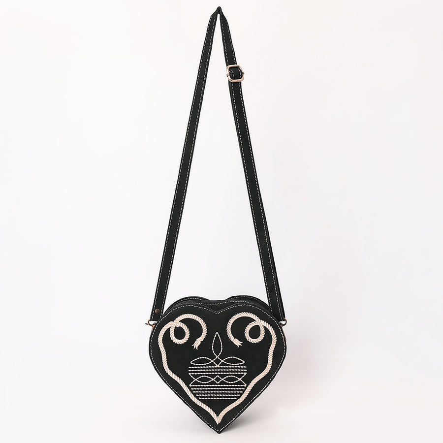 American Darling Western Heart Shaped Suede Leather Canteen Bag, Boot Stitched Crossbody Purse