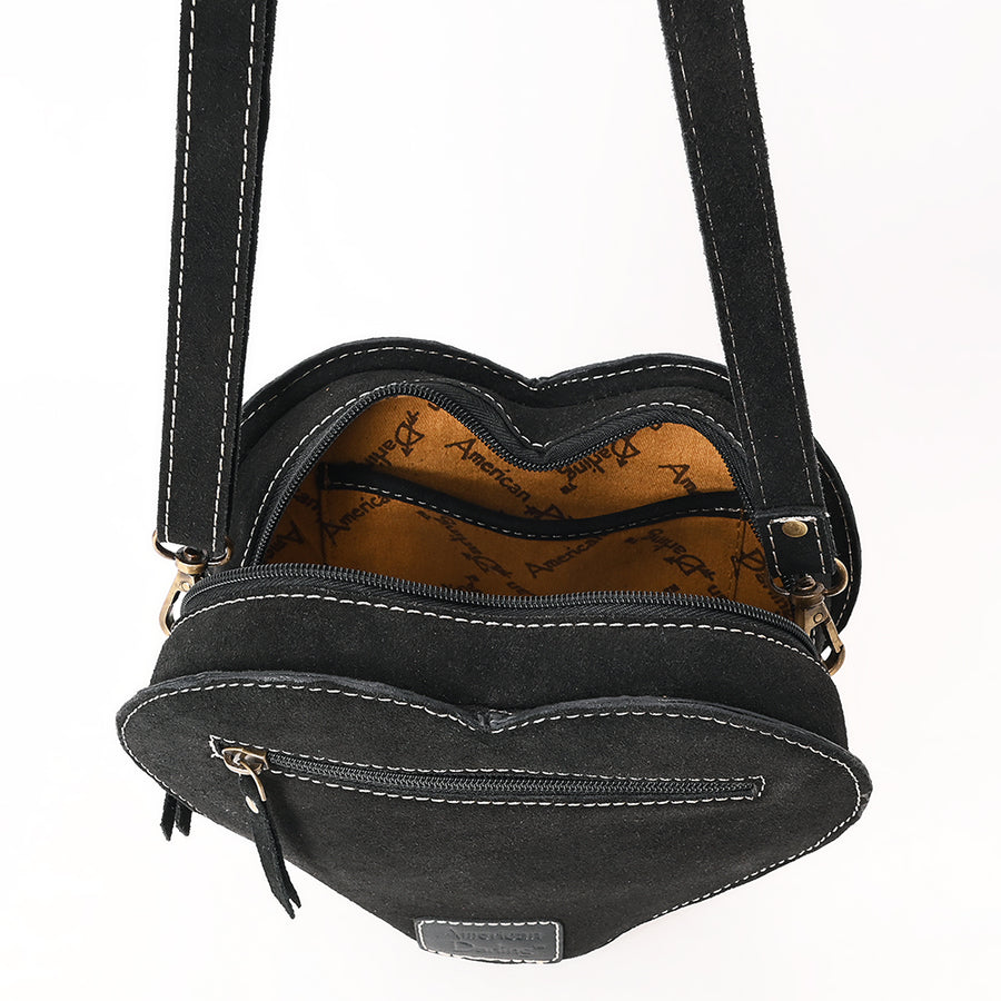 American Darling Western Heart Shaped Suede Leather Canteen Bag, Boot Stitched Crossbody Purse
