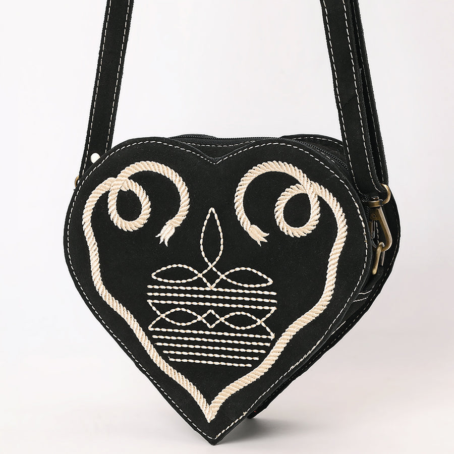 American Darling Heart Shaped Black Suede Leather Canteen Bag - Uhorse