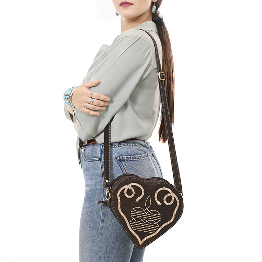 American Darling Western Heart Shaped Suede Leather Canteen Bag, Boot Stitched Crossbody Purse