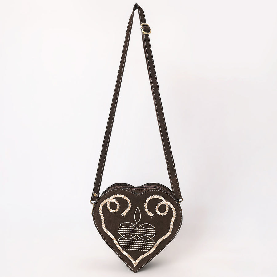 American Darling Western Heart Shaped Suede Leather Canteen Bag, Boot Stitched Crossbody Purse