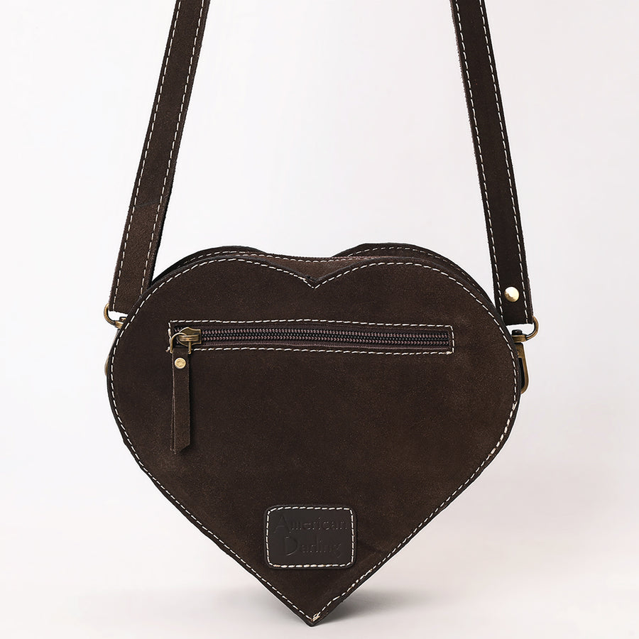 American Darling Western Heart Shaped Suede Leather Canteen Bag, Boot Stitched Crossbody Purse