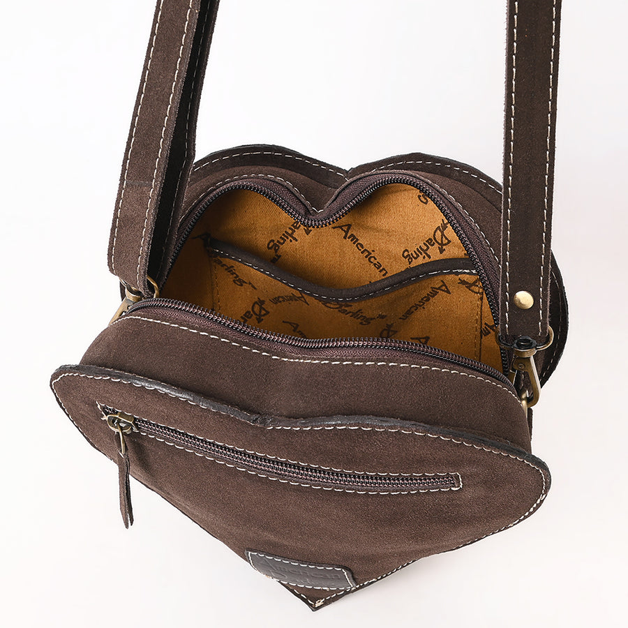 American Darling Western Heart Shaped Suede Leather Canteen Bag, Boot Stitched Crossbody Purse