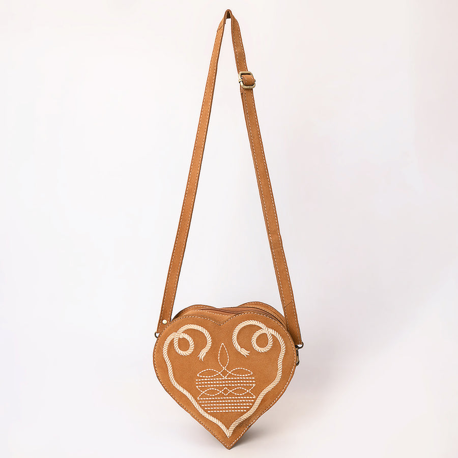 American Darling Western Heart Shaped Suede Leather Canteen Bag, Boot Stitched Crossbody Purse