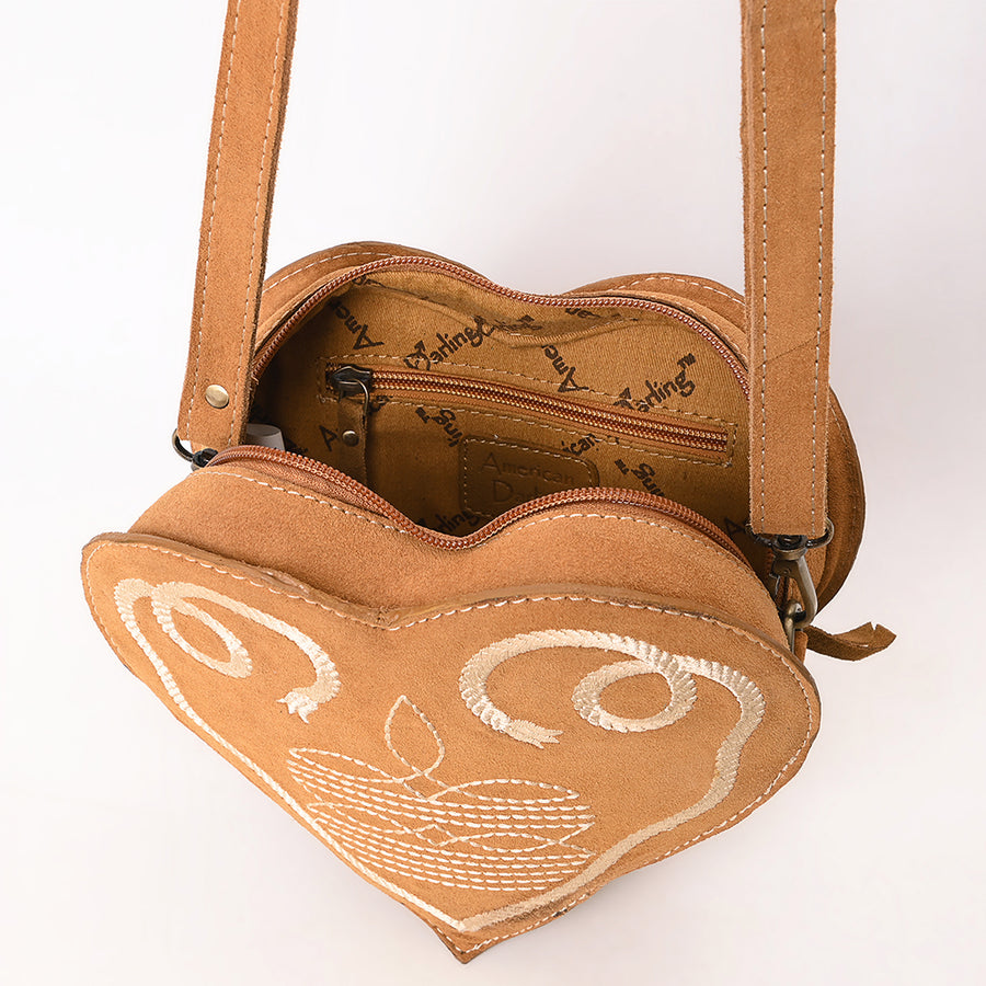 American Darling Western Heart Shaped Suede Leather Canteen Bag, Boot Stitched Crossbody Purse