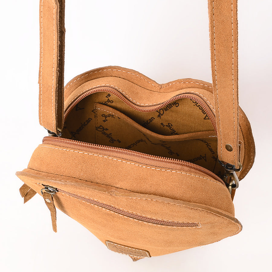 American Darling Western Heart Shaped Suede Leather Canteen Bag, Boot Stitched Crossbody Purse