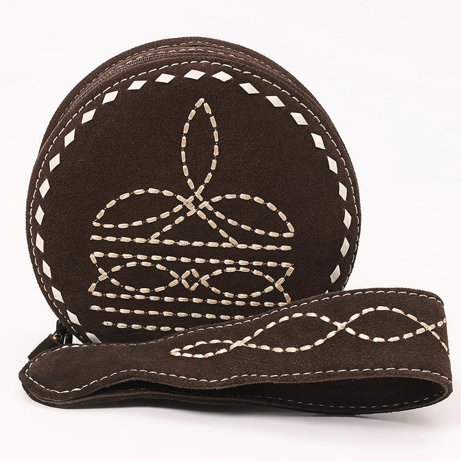 American Darling Western Heart Shaped Genuine Suede Leather Canteen Bag, Boot Stitched Crossbody Purse