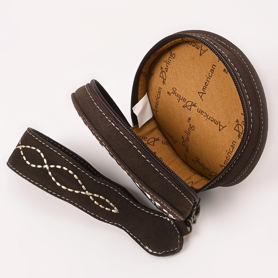 American Darling Western Heart Shaped Genuine Suede Leather Canteen Bag, Boot Stitched Crossbody Purse
