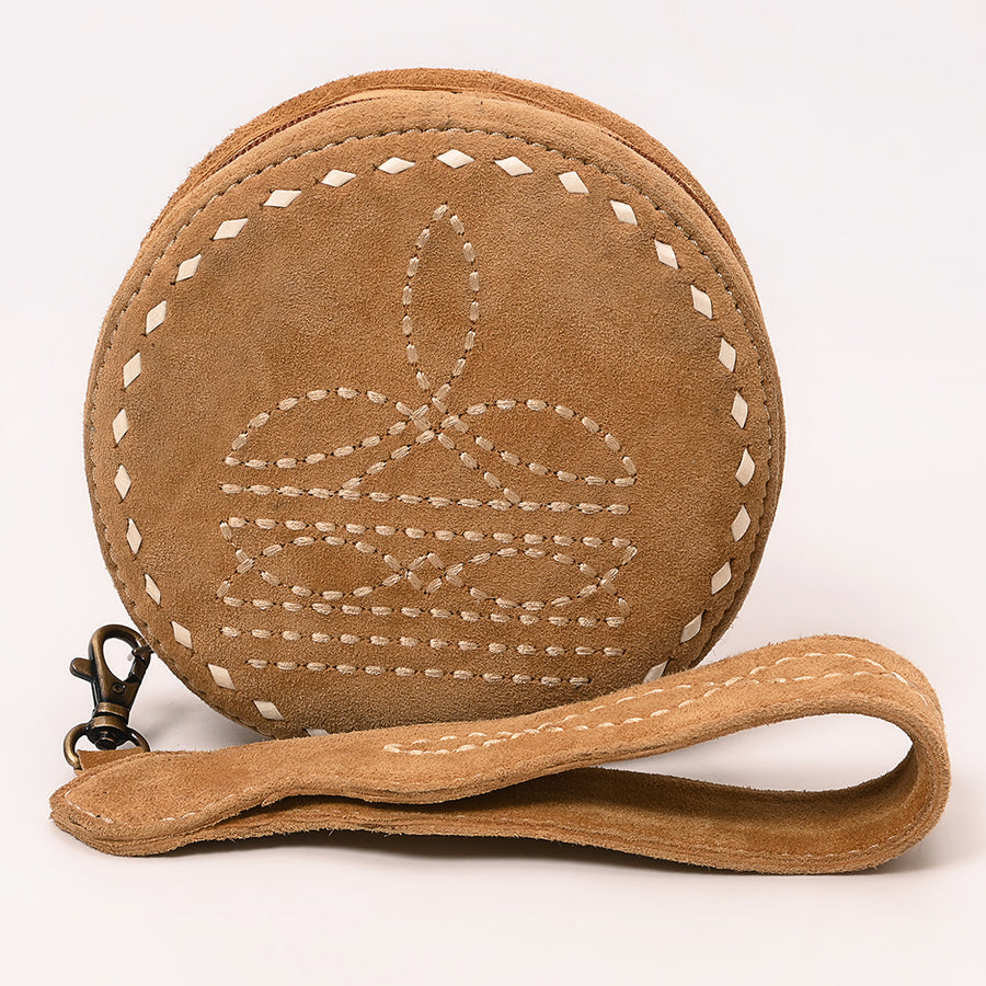 American Darling Western Heart Shaped Genuine Suede Leather Canteen Bag, Boot Stitched Crossbody Purse