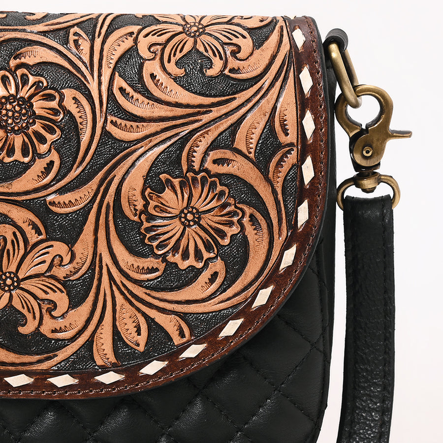 American Darling Hand Tooled Floral Carved Leather Cross body Bag, Quilted Genuine Leather Western Purse with Buck Stitching