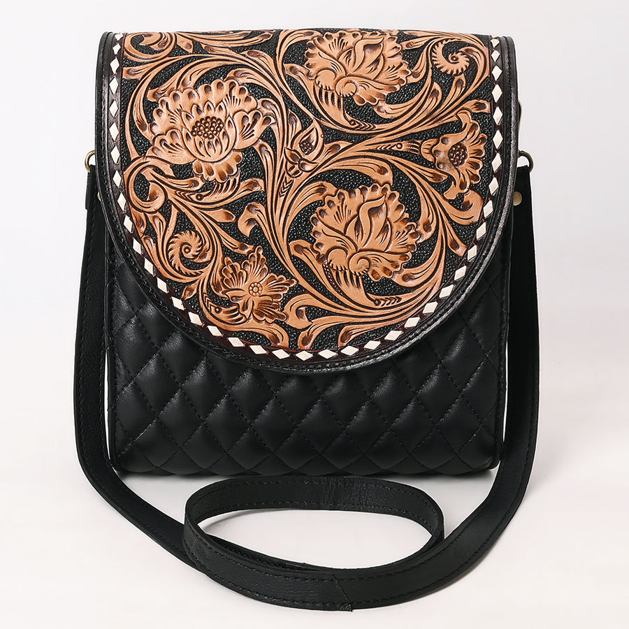 American Darling Hand Tooled Floral Carved Leather Cross body Bag, Quilted Genuine Leather Western Purse with Buck Stitching